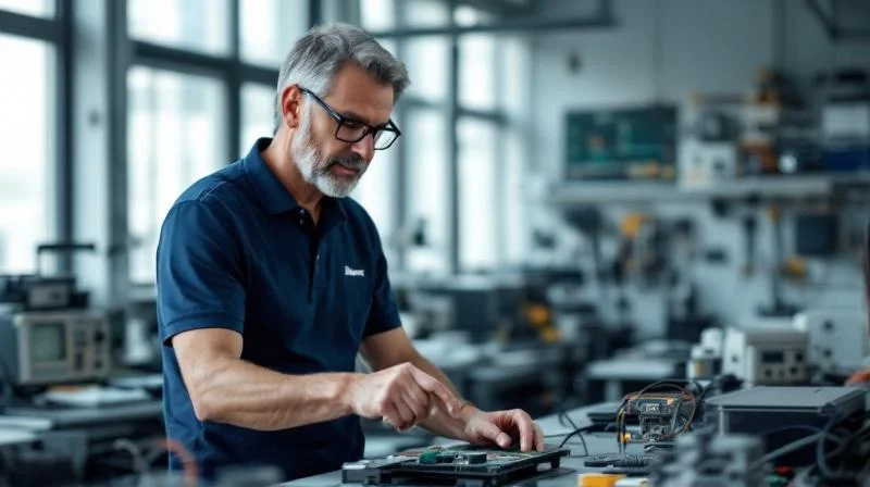 Nürnberger Ausbilder erklärt einer Auszubildenden bei Siemens eine Elektronikbaugruppe