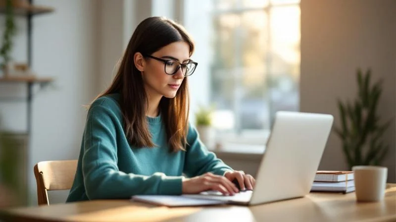 Frau recherchiert Weiterbildungen am Laptop in einer Nuernberger Altbauwohnung