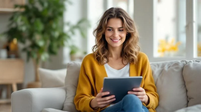 Frau mit Tablet nimmt an Online-Fortbildung teil, Nuernberger Stadtkulisse im Hintergrund