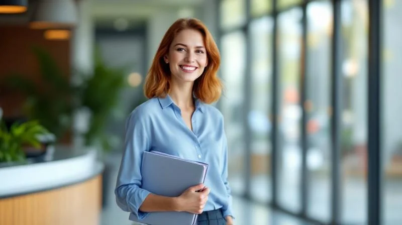 Frau mit Unterlagen vor einem modernen Buerogebaeude in Nuernberg