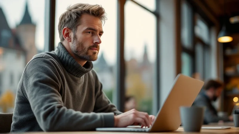 Nürnberger Angestellte mit Laptop im Coworking-Space in Gostenhof, im Hintergrund Altstadt