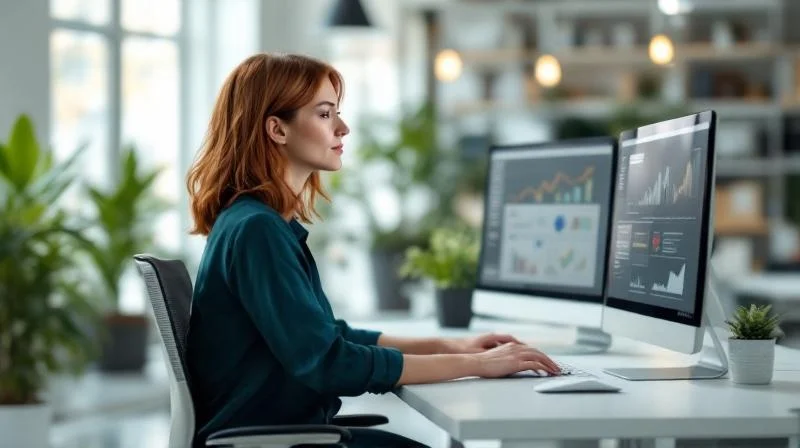 Frau arbeitet konzentriert am Laptop in einem modernen Büro in Nürnberg