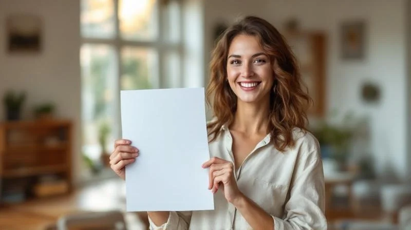 Frau haelt freudig ein Zertifikat in einem hellen Nuernberger Wohnzimmer