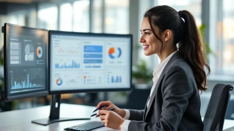 Quereinsteigerin in Nürnberg an einem zweiten Bildschirm mit Daten-Dashboards