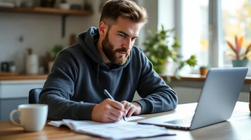Nürnberger Berufstätiger arbeitet an der Steuererklärung mit Belegen und Laptop