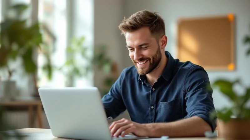Mann arbeitet konzentriert am Laptop in einem modernen Nuernberger Buero