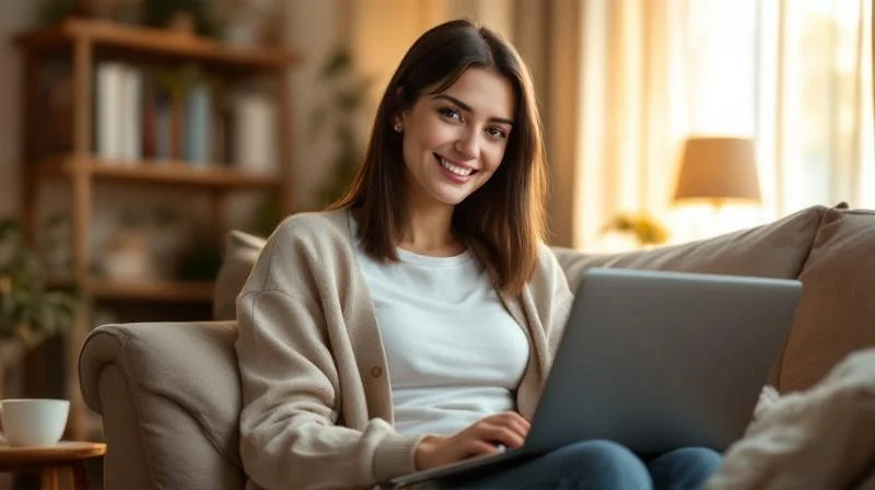 Frau lernt am Laptop in einem hellen Wohnzimmer in Nürnberg