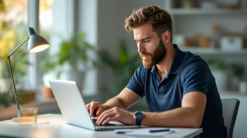 Mann lernt konzentriert am Schreibtisch mit Laptop in Nuernberg